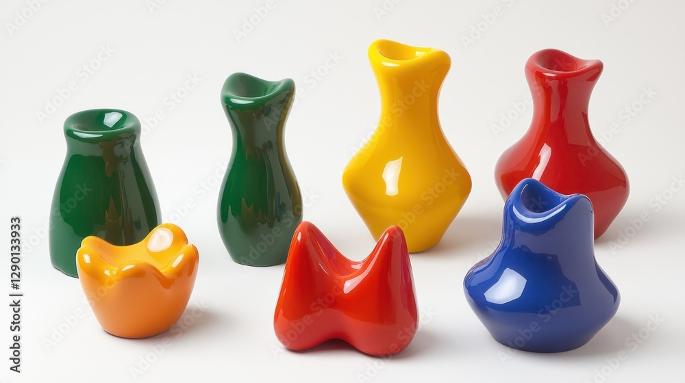 Aufkleber Collection of Colorful Vases and Sculptures Displayed on a White Background in a Studio Setting with Soft Lighting