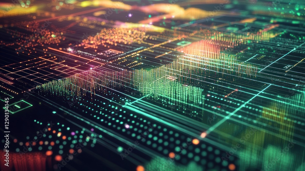 Fototapete abstract data processing background featuring glowing neon grids and lines symbolizing connectivity