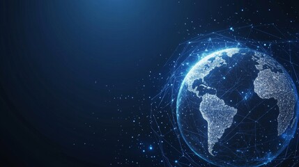 Fototapeta premium Digital globe with global network connections on a blue technology background, symbolizing artificial intelligence, data sharing, and internet security in a futuristic digital world.