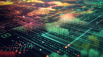 Abstract data processing background featuring glowing neon grids and lines symbolizing connectivity