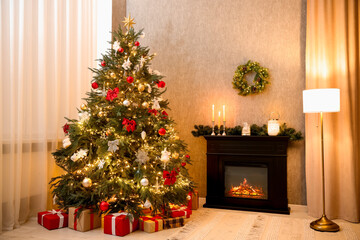 Cozy room with Christmas tree, fireplace and lamp. Festive interior design