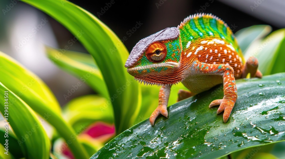 Aufkleber vibrant chameleon basking on a lush green leaf in a tropical setting with a shallow depth of field a