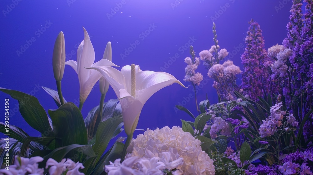 Poster serene floral arrangement featuring calla lilies and hydrangeas against a vibrant blue background cr
