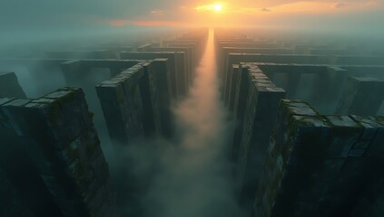 A cinematic aerial view of a massive labyrinth with high stone walls, surrounded by mist, evoking a sense of mystery and adventure.
