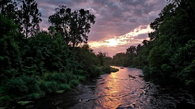 A tranquil river winding through lush nature, the sunrise casting a golden glow on the water, a dramatic yet peaceful sky above.
