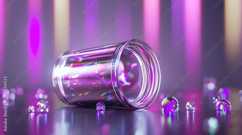 Poster luminous glass jar with iridescent confetti and reflective spheres on a dark surface in vivid purple