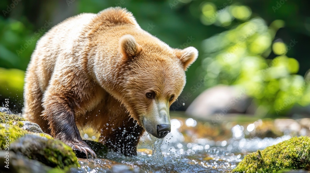 Aufkleber captivating brown bear enjoys refreshing dip in sparkling stream amidst lush greenery in natural hab