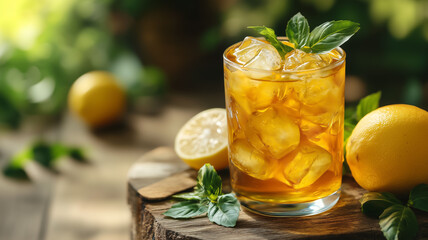 Fototapeta premium A glass of fresh iced tea with mint leaves and lemon slices served on a wooden table