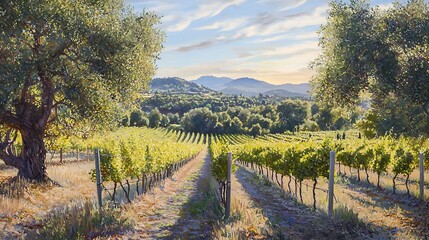 Obraz premium Gentle morning light casting soft shadows over a vineyard bordered by olive trees