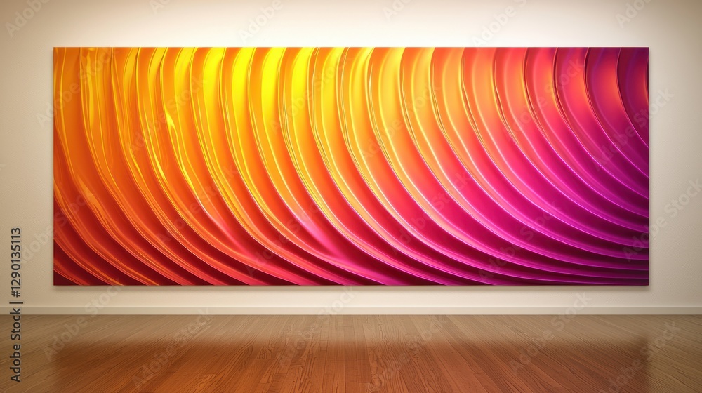 Poster modern abstract art displayed in a room with wooden floorboards featuring a vibrant color gradient a