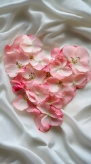 Pink petals heart, fabric background, romance