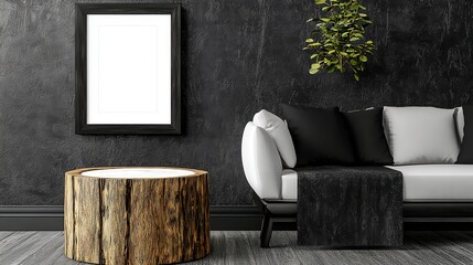 Modern Living Room with Black and White Decor and Rustic Elements