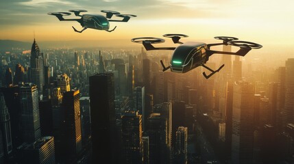 Electric air taxis soaring above a metropolitan city at sunrise. Featuring green technology and futuristic mobility solutions