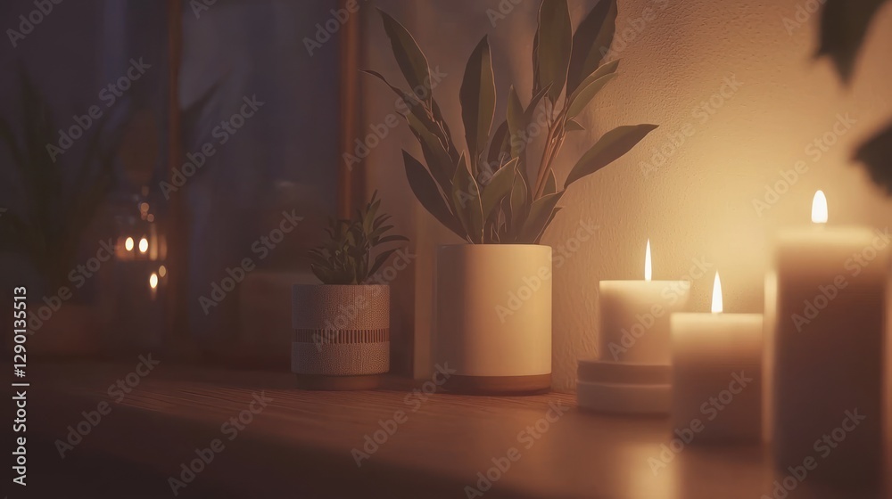 Poster serene indoor scene featuring glowing candles and potted plants creating a warm and inviting ambianc