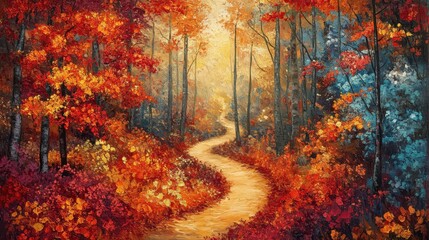 Fototapeta premium A vibrant autumn forest with fiery red, orange, and yellow leaves covering the trees and ground. A narrow winding path disappears into the colorful foliage, creating a dreamy and cozy atmosphere