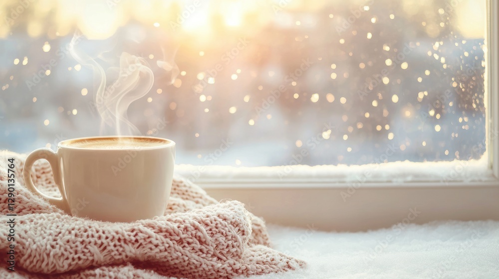 Aufkleber cozy coffee cup on knitted blanket by window with snowy winter landscape and golden bokeh lights cre