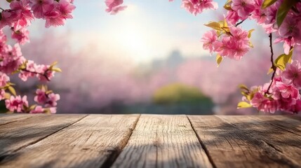 Wooden table with blooming cherry blossoms. Ideal for spring themes, product displays, or nature-related projects.