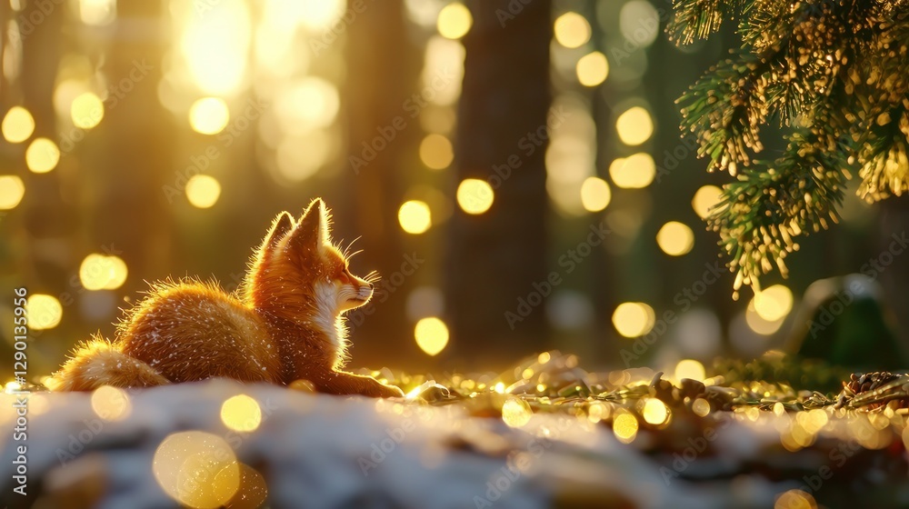 Poster serene fox basking in golden sunlight amidst a magical forest setting with enchanting bokeh lights a