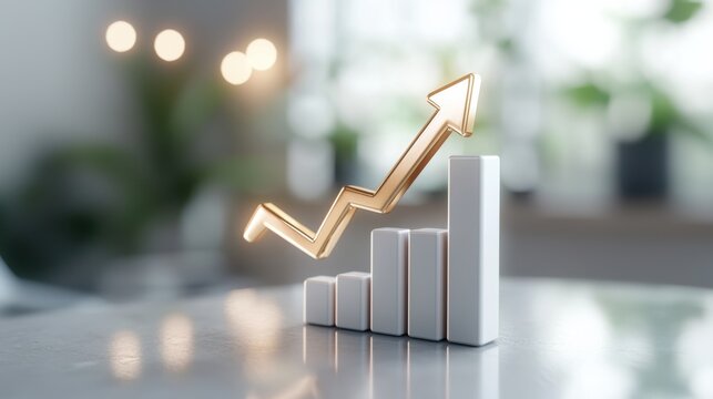 A 3Drendered image of a golden upwardpointing arrow resting on a white bar graph, symbolizing growth or succes
