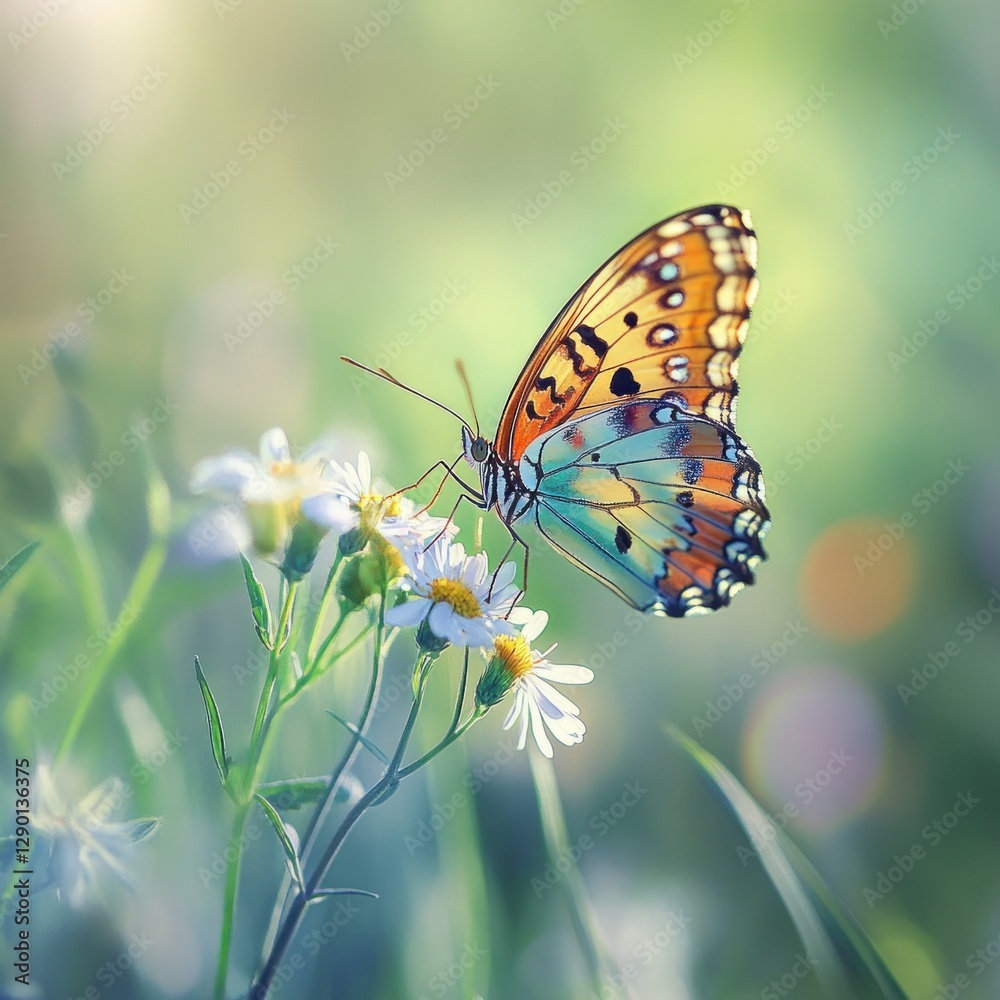 Poster ethereal butterfly resting on delicate white flowers in a serene meadow bathed in soft sunlight crea