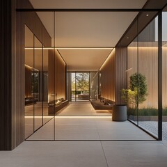 Obraz premium Modern interior hallway with glass walls, fireplace, and garden view