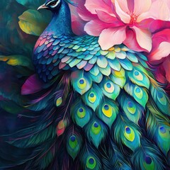 Obraz premium Artistic Peacock Portrait with Vibrant Plumage and Delicate Pink Blossom in Lush Garden Setting