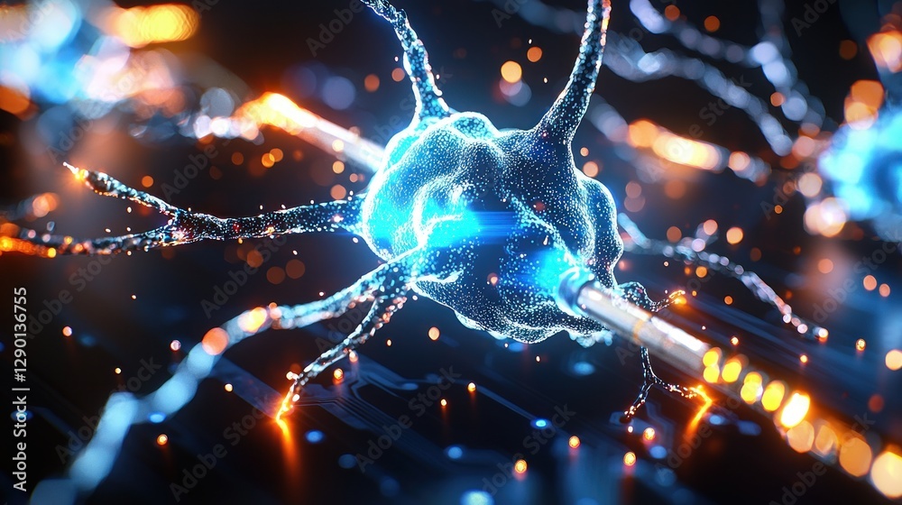 Leinwandbilder Neuron cell with glowing connections in a neural network representing brain activity and synaptic transmission on a dark background