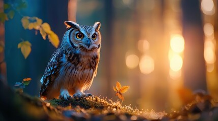 Captivating owl perched on mossy branch in golden forest light majestic nocturnal bird wildlife nature scene dreamy background