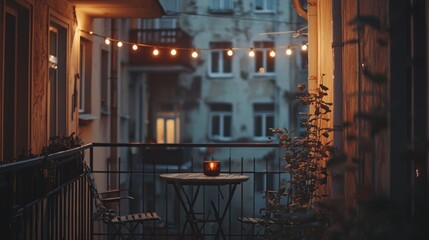Cozy Balcony Scene with Glowing Lights and Candle Creating a Warm and Inviting Atmosphere at Dusk in a European City