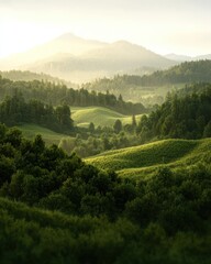 Fototapeta premium Tranquil sunrise overrolling hills majestic mountains nature landscape serene environment wide-angle view beauty of nature