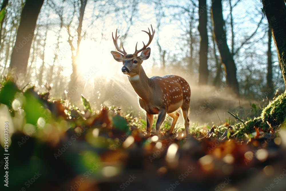 Aufkleber majestic deer in sunlit forest glade with autumn foliage and ethereal mist creating a serene and enc