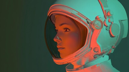 Female Astronaut in Retro Space Helmet with Colorful Lighting Effects