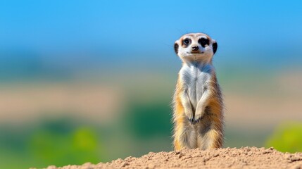 Fototapeta premium Alert meerkat standing upright on sandy mound against a clear blue sky in natural habitat