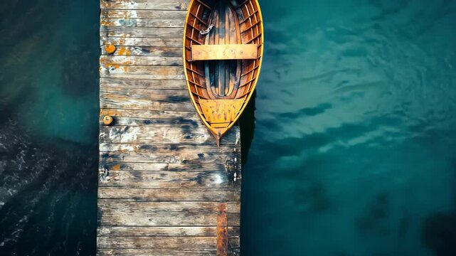 Overhead view of an empty wooden rowboat at a dock.