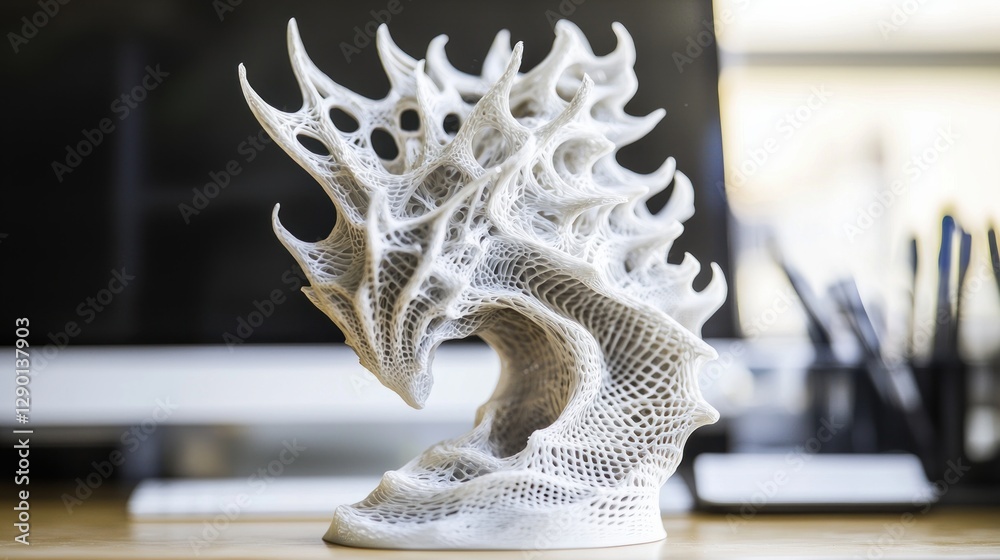 Poster intricate white dragon sculpture crafted with advanced d printing technology on a wooden desk modern