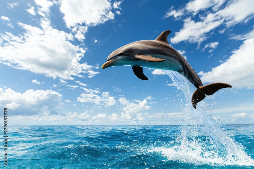 Aufkleber captivating dolphin leaps from azure ocean under a bright sky with fluffy clouds in a tropical marin