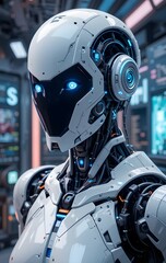 Abstract futuristic background with man, robot and digital elements symbolizing global technology, business and communication