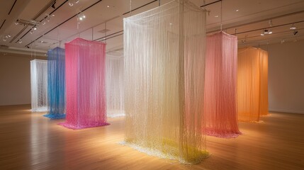 Captivating Art Installation Showcasing Suspended Colorful Strands in a Museum Setting with Warm Tones and Elegant Design for Creative Inspiration