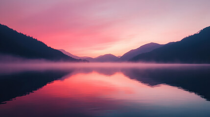 Fototapeta premium A serene sunset casts pink hues over a misty lake, reflecting mountains in the calm water, creating a tranquil and picturesque landscape.