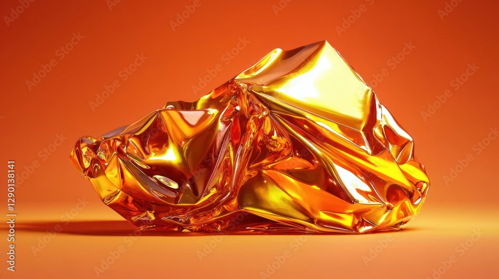 Aufkleber abstract golden foil sculpture on orange background capturing metallic luster and crumpled texture f