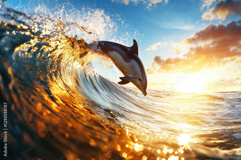 Aufkleber dolphin leaps from golden wave at sunset creating a dynamic scene of ocean beauty and marine life in