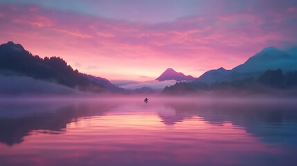 A serene landscape at dawn, featuring misty mountains and a tranquil lake reflecting a vibrant pink and purple sky.
