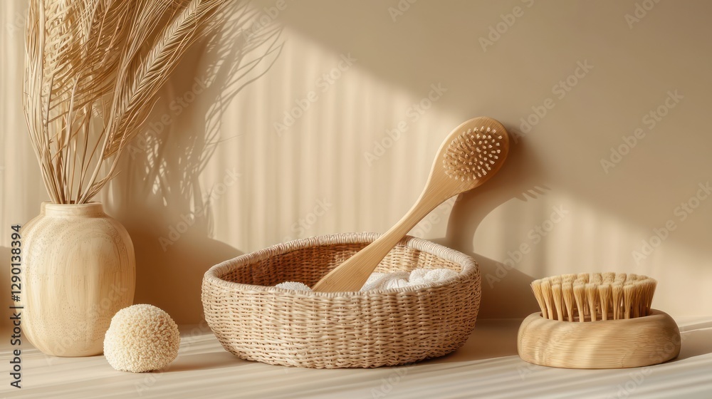 Aufkleber Serene spa setting featuring natural bamboo brushes in a woven basket with soft light and shadow creating a calming and minimalist aesthetic for wellness