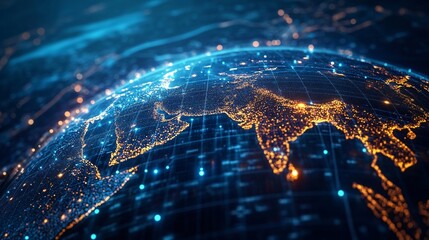 Global Network Connection Digital Earth Map with Illuminated Cities and Data Streams