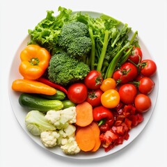 Fresh Colorful Vegetables Arranged Artistically on a Plate with Lush Greens, Bright Peppers, and Juicy Tomatoes