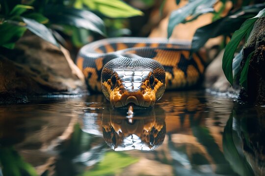 Sumatran short-tailed python slithering in the tropical rainforest river