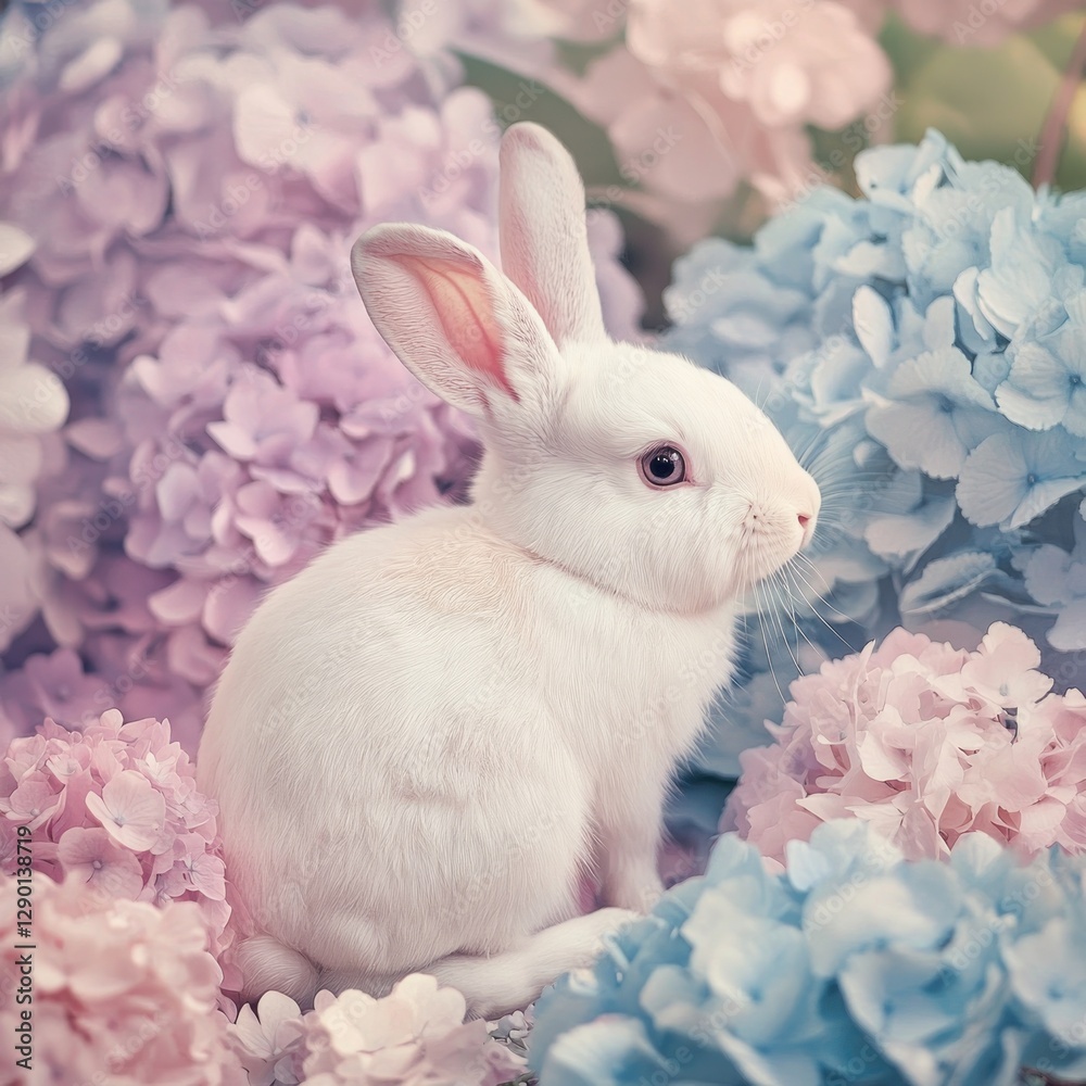 Poster charming white bunny amidst a symphony of pastel hydrangeas capturing the essence of springtime sere