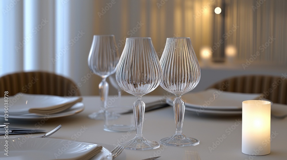 Poster elegant dining table setting with crystal wine glasses and soft candlelight creating a serene atmosp