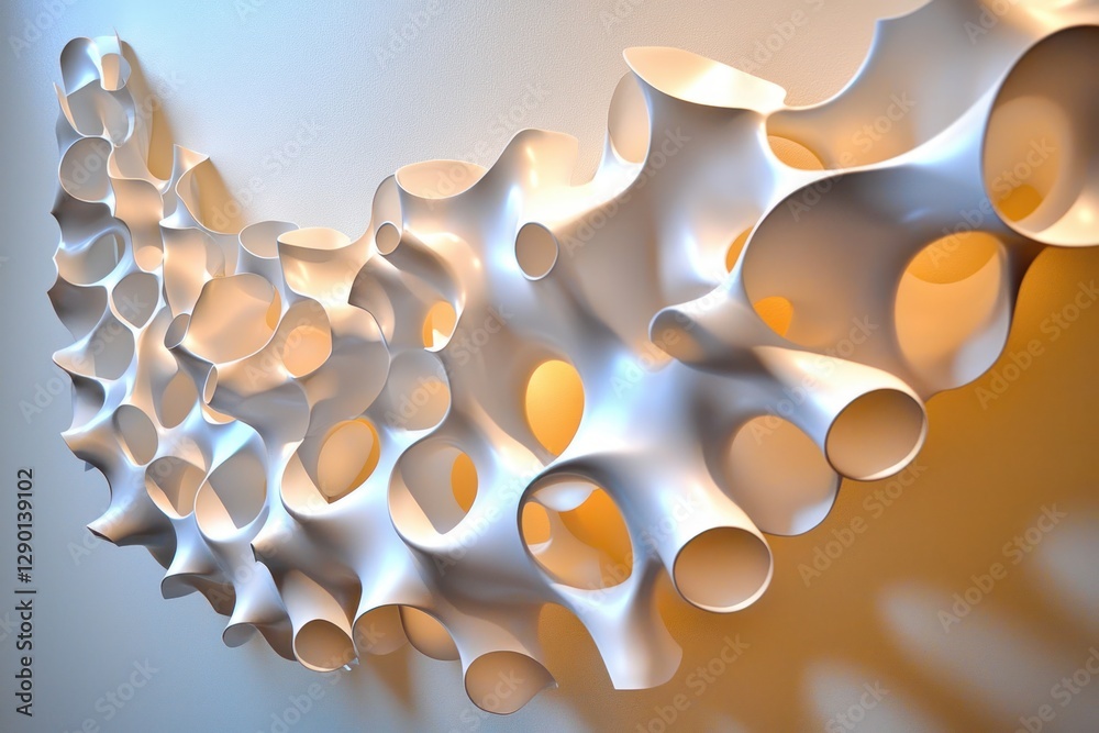 Aufkleber Captivating Abstract Form Hanging Sculpture with Organic Smooth Texture and Hollow Openings on Light Wall
