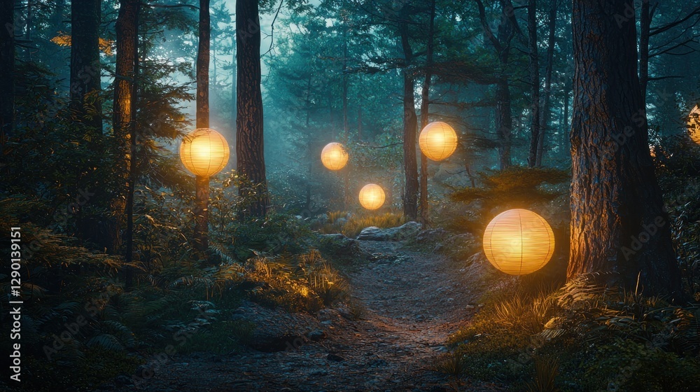 Poster enchanted forest path with glowing lanterns illuminating a misty woodland scene in a dreamy and atmo